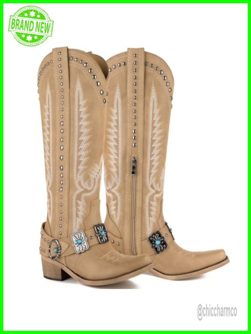 Knee High Western Cowboy Boots Embroidered Leather Block Heel
